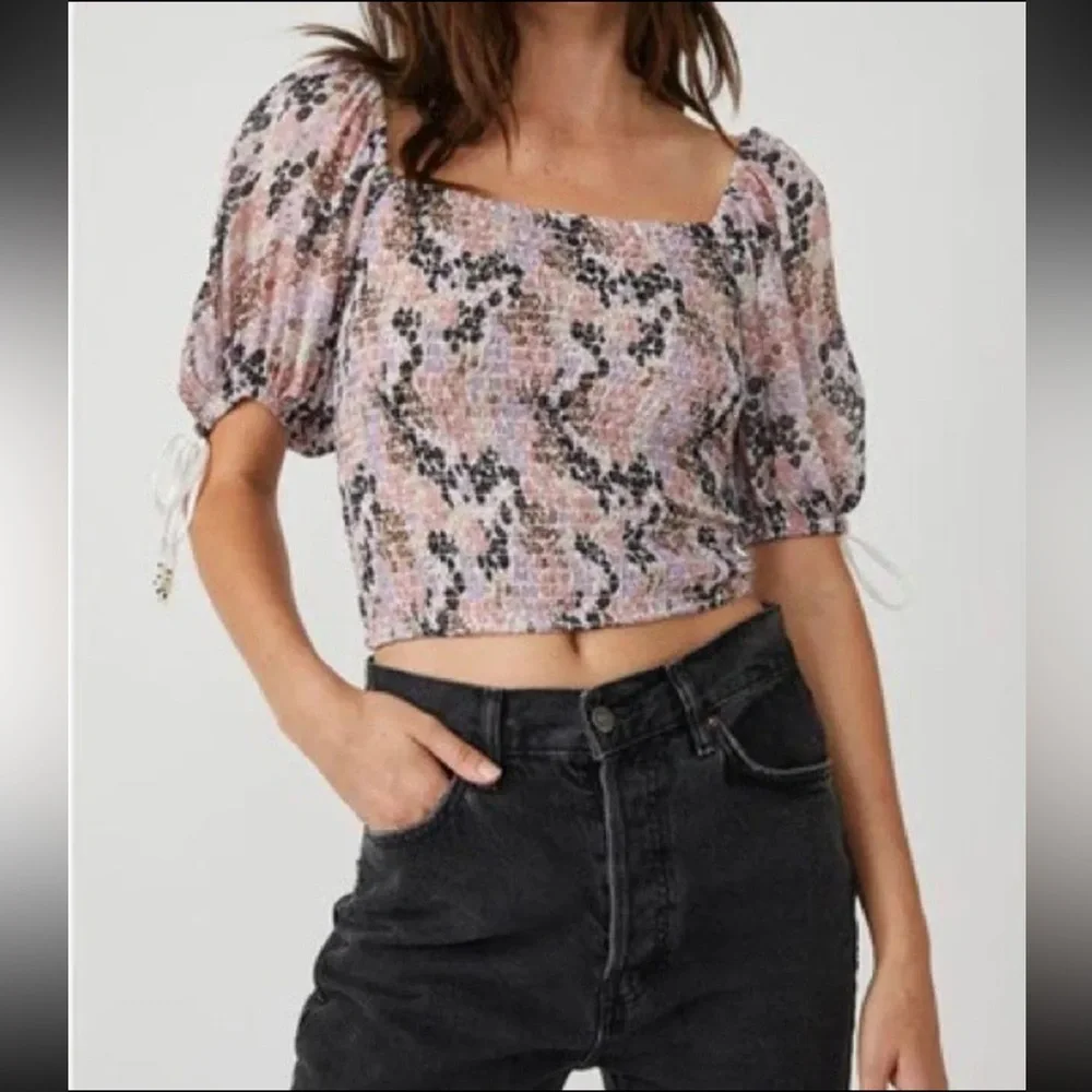 NWT Free People Back On Top Floral Smocked Puff Sleeve Top Size Small
